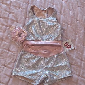 Girls Pink Iridescent Dance Sports Bra, Shorts, & Scrunchie